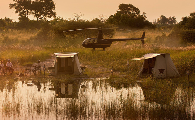 Camping in Botswana, Africa by helicopter